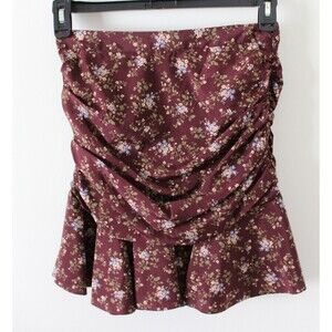 NWT Size 4 Veronica Beard Taras Floral-Print Ruched Silk Mini Skirt Merlot Ruffl